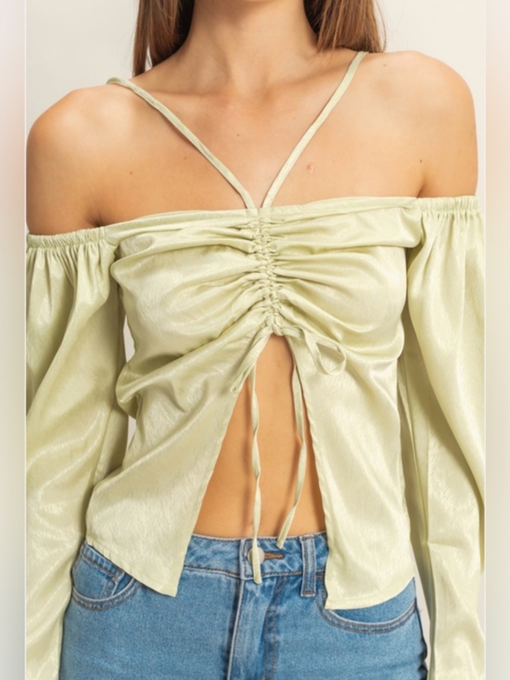 NWT Ruched Sage Green Off-Shoulder Tie-Front Blouse - Small